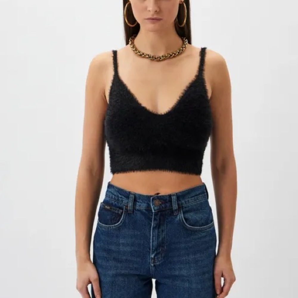 For Love & Lemons Women’s Small Black Fuzzy Cropped Tank Top